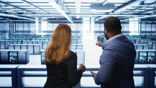 IT Expert and Colleague Supervising Data Center Establishment