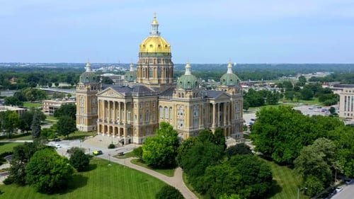 Drone view over des moines Iowa state capitol building majestic american cityscape