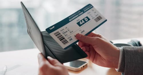 Passport, travel and airplane ticket in hands for flight booking, compliance or transport