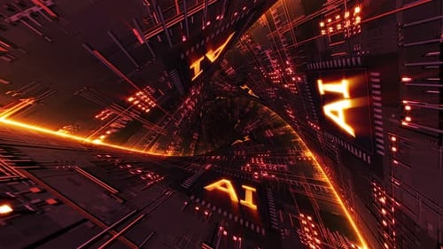 Fondo de animación de túnel con tecnología de microchip de IA futurista, bucle