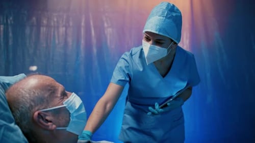 Doctors And Covid-19 Infected Patient In Bed In Hospital, Coronavirus Concept.