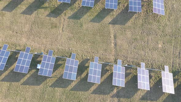 Aerial view of Solar Panels Farm. Drone flight fly over solar panels ...