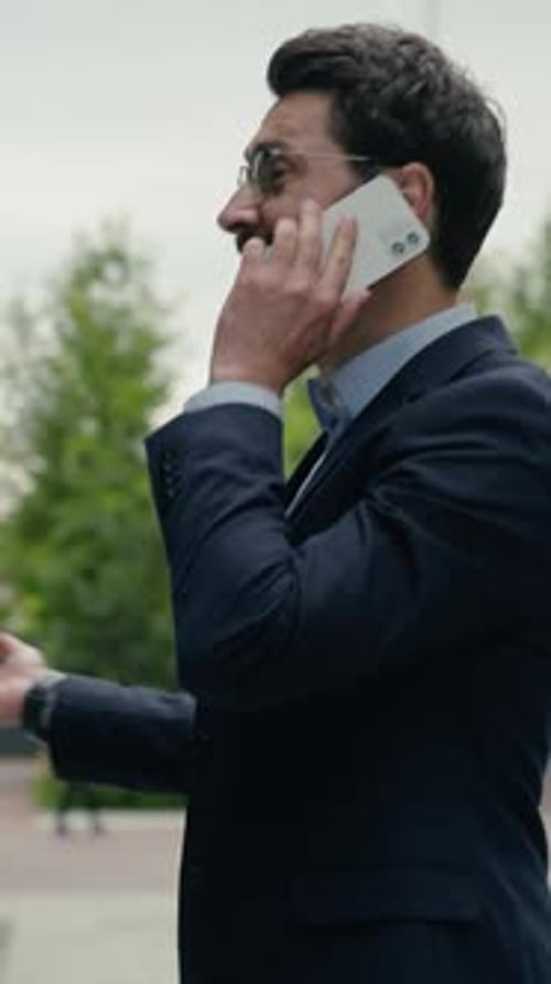 Caucasian Businessman Happy Man Boss Leader Walking Outdoor Talking Mobile Phone Adult Guy Business