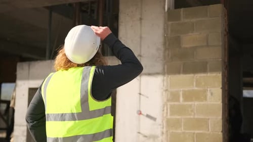 Tired builder after a working day in the heat and takes off his protective helmet