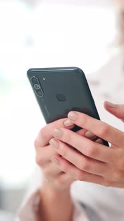 Typing, phone and hands of business woman in office for networking, online chat