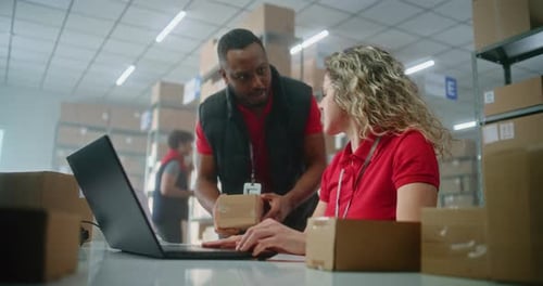 Team of Multiethnic Warehouse Associates Scan Cardboard Box Check Information on Laptop