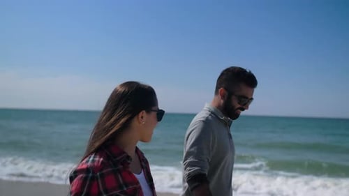 Couple Walks Barefoot Along Waves, Romantic Sand Beach Sunset