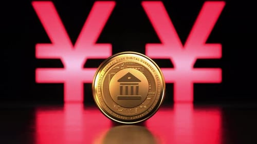 Looping video of CBDC Central Bank Digital Currency golden coin rotating in front of the yuan yen