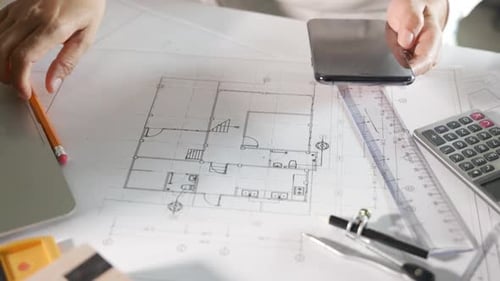 Une équipe d'ingénieurs confiante travaillant avec Blue Print avec l'équipement de l'architecte, discute et planifie