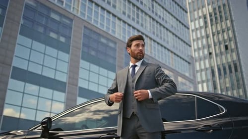 Rich Businessman Posing Car Buttoning Jacket Elegant Man Standing Urban Street
