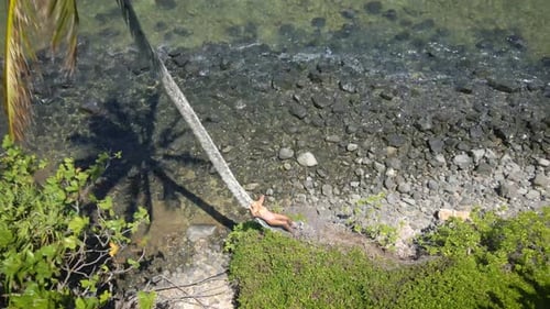 A woman in a pink bikini and a straw hat poses next to a palm tree on a beach by the sea. Beautiful