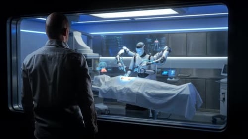 Man Watching Robot Perform Surgery in Futuristic Hospital