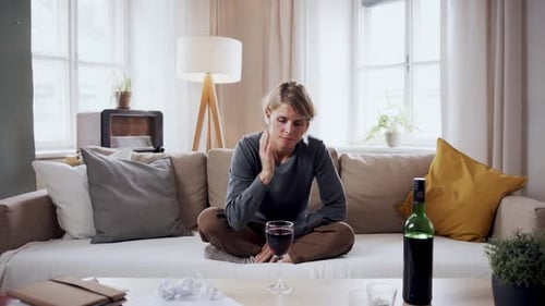 Sad Woman Drinking Wine on Sofa at Home