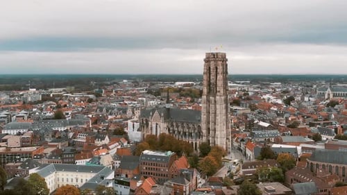 St. Rumbold's Cathedral (Sint Romboutskathedraal), Mechelen, Belgium. Aerial scenic cityscape. Orbit