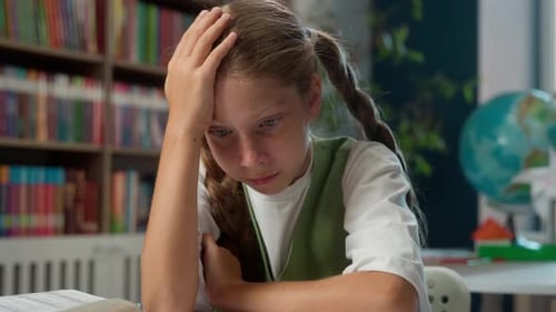 Suffering Tired Upset Caucasian Little Girl Sad Schoolgirl Child School Kid Pupil Learner Student