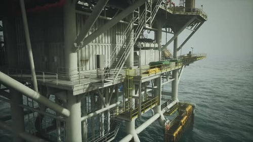 Old Oil Platform in the Ocean Showcasing Industrial Structure and Equipment