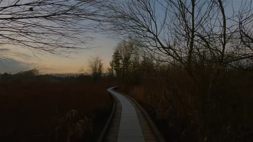 Trilha por um lago tranquilo na cidade moderna de Deer Lake Park