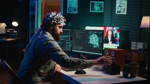 Engineer with EEG Headset on Merging with Artificial Intelligence
