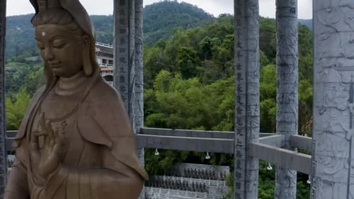 Kuan Yin statue Kek Lok Si Temple Malaysia aerial view no people beautiful tracking shot