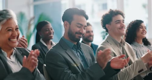 Applause, success and audience with business man for project, achievement and support