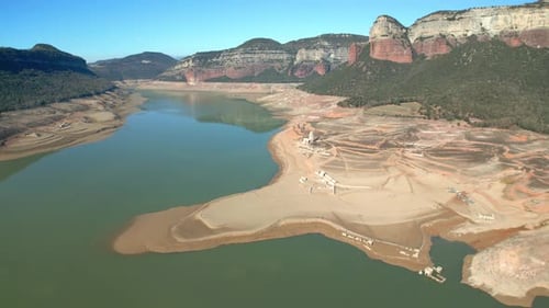 Sau swamp dike in Catalonia, Spain, intense drought in 2024 Drone flight in a beautiful natural park