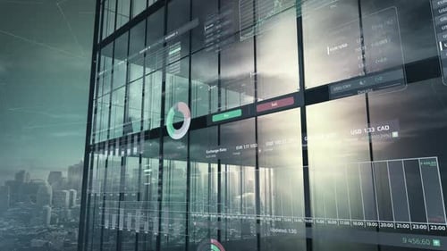 Stock Exchange Data And Trading With A Skyscraper In The Background