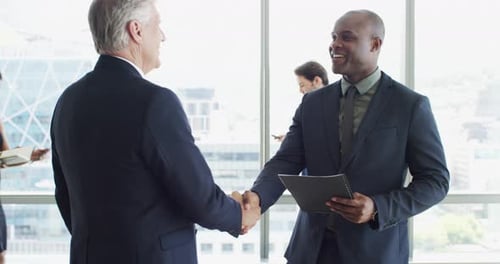 Business Men Shake Hands in Bright Office