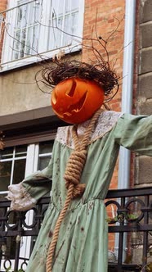 Vertical Halloween Horror Scarecrow Decorated Outdoor Cafe or Restaurant Terrace in America or