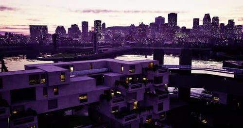 Impresionante horizonte de la ciudad al anochecer con arquitectura moderna a lo largo de la costa