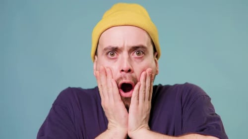 Shocked Stunned People Sincere Emotions Looking at Camera on Blue Background Studio Shot Goggles