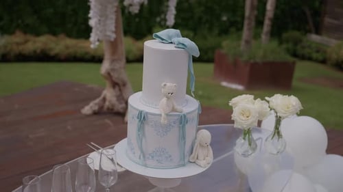 Celebration Cake with Teddy Bears and White Roses
