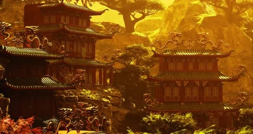 Majestic Ancient Structures Nestled in the Mountains of China During Sunset
