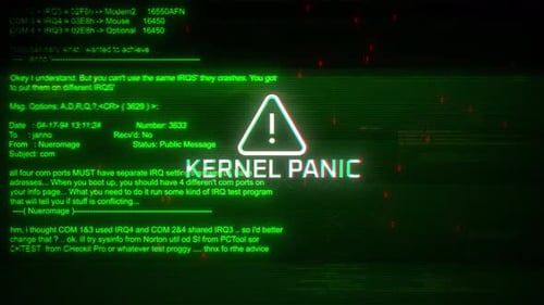 Kernel Panic Attentions, Bildschirmbewegung auf abstraktem Technologie-Hintergrund, grüne Farbe
