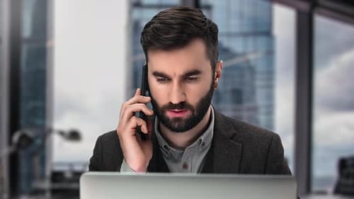 Male Manager in Suit Consulting Customer Use Smartphone Laptop Working at Office Window Skyscraper