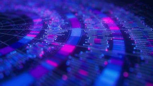 Nahaufnahme der komplexen Animation mit runden Graphen aus dem Quantencomputeruniversum Cyber Space of AI