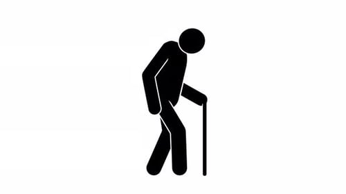 Flat Design Stick Figure Elderly Person Walking With Cane Animation