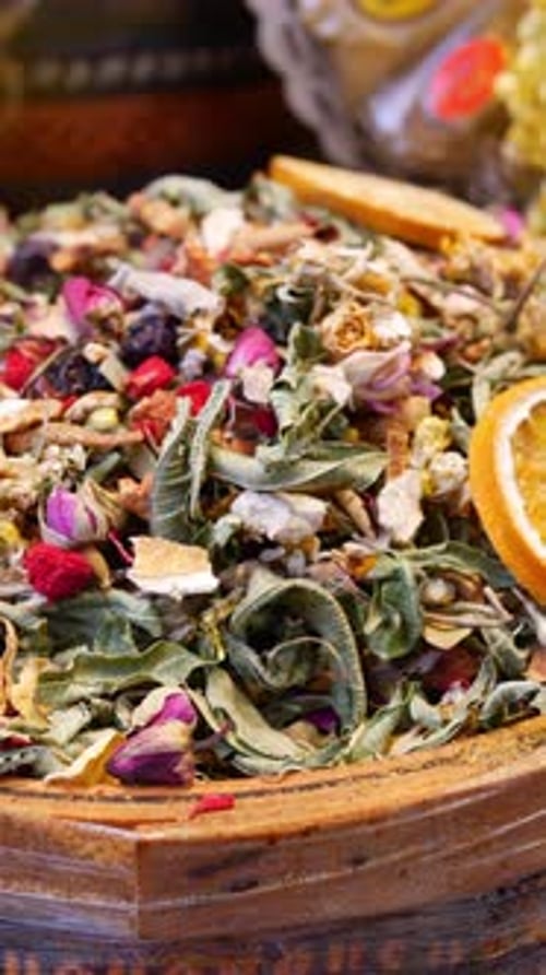 Herbal Tea Blend with Colorful Ingredients in a Market Setting