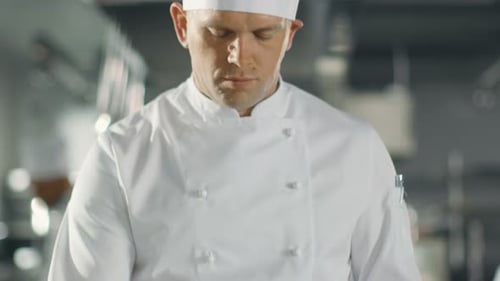 Famous Chef Concentrated on Preparing Fish Dish on a Pan. He Works in a Modern Kitchen.