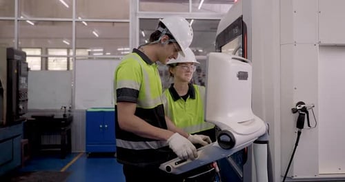 Workers using industrial machine in factory setting