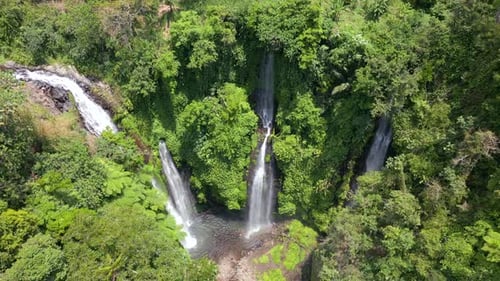Aerial View Of Stunning Fiji Waterfall In The Lush Jungle In Bali Indonesia