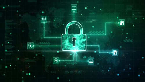 Futuristic Digital Security Network with Animated Lock and Connected Icons