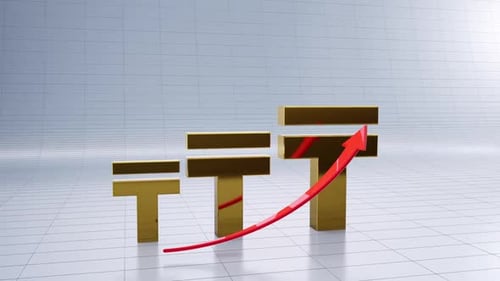 Rising Tenge Symbols with Upward Red Arrow