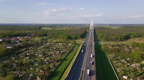 Car Trafic on Highway Road with Cable Stayed Bridge Near Wroclaw in Poland