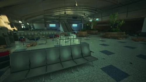 Abandoned Airport Terminal with Empty Seating and Scattered Luggage in Disarray