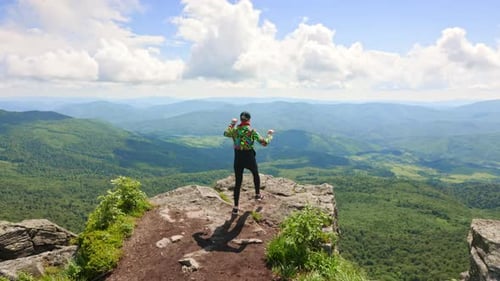 Glad Female Tourist Climbing Hill Achieving Goal