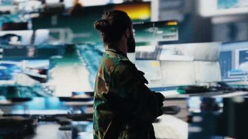 Young Soldier Working in Command Center with Satellite Surveillance