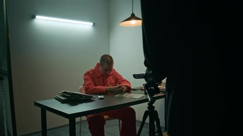 Person Interviewed, Seated at Table Wearing Cuffs