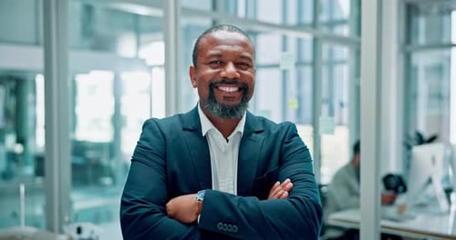 Black businessman, happy face and confident in office as professional and growth