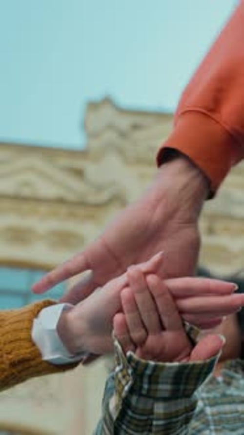 Bottom View Three Multiracial Students Stack Hands Unity Cheering University Background Friends Team