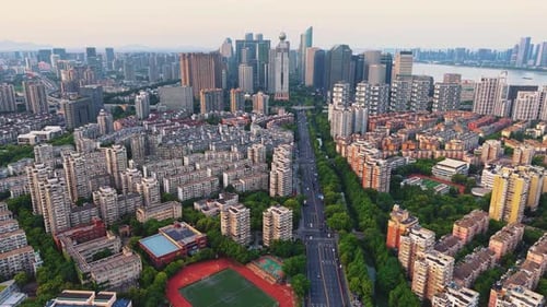 Aerial View of Towering Skyscrapers and Modern Buildings in Downtown